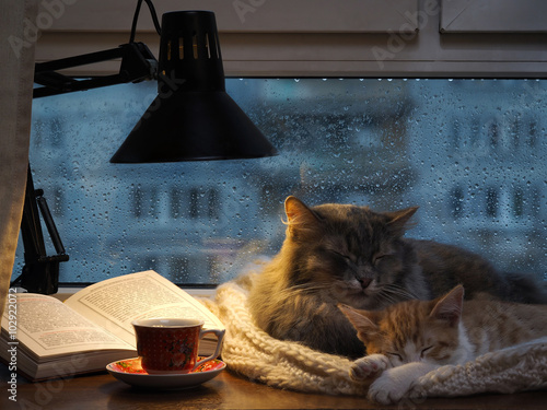 Bild auf Leinwand Cats sleeping in the window