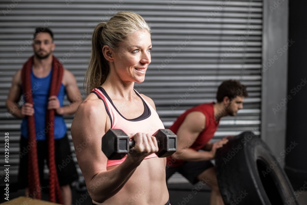 Obraz premium Portrait of fit woman lifting dumbbells