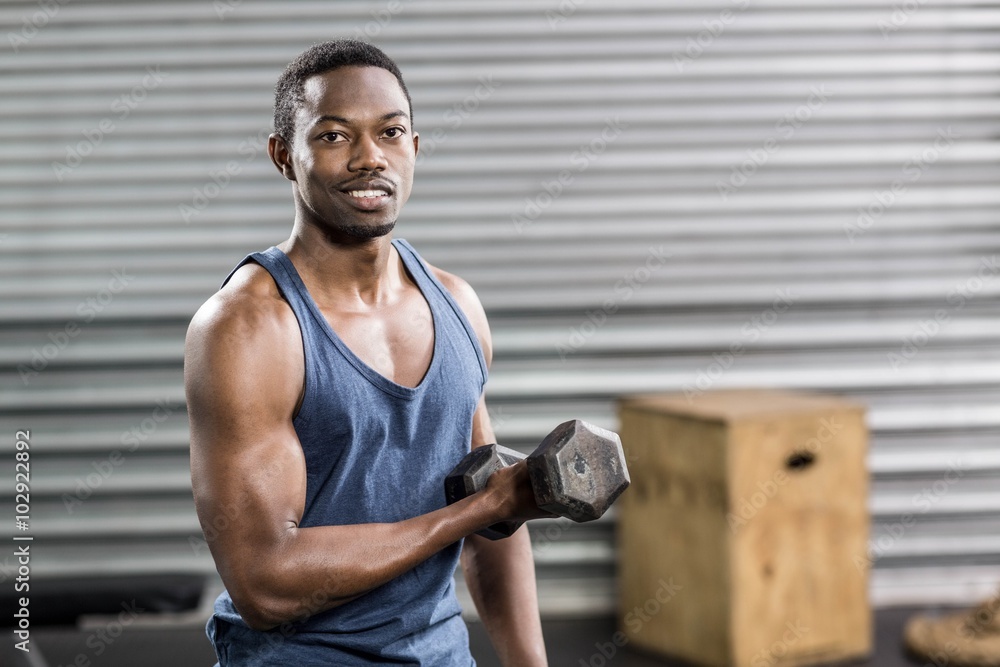 Naklejka premium Portrait of fit man lifting dumbbells