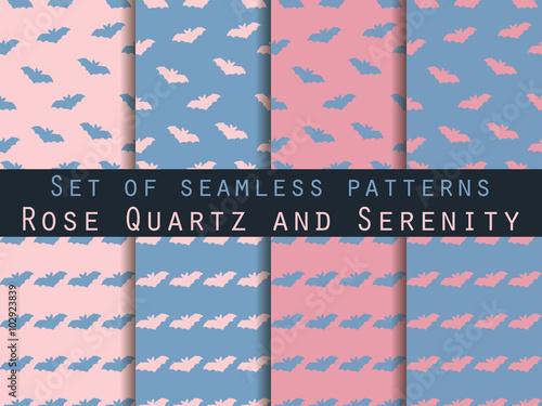 Set of seamless patterns with bats.  Rose quartz and serenity violet colors. The pattern for wallpaper, bed linen, tiles, fabrics, backgrounds. Vector illustration.