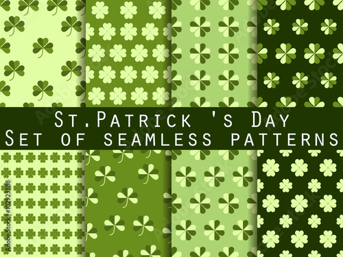Clover. Set of seamless pattern with clover. St.Patrick's Day. Green color. The pattern for wallpaper, bed linen, tiles, fabrics, backgrounds. Vector illustration.