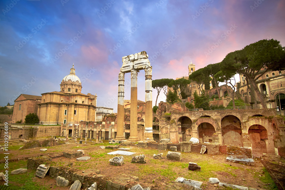 Fototapeta premium Roman Forum. Ruins of Roman Forum in Rome, Italy during sunset.