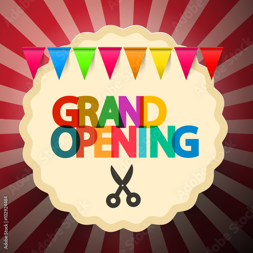 Grand Opening Retro Vector Illustration with Scissors and Colorful Flags on Rounded Label