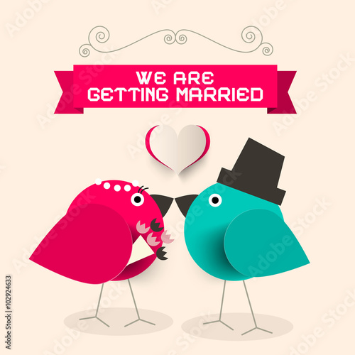 We Are Getting Married Retro Greeting Card with Kissing Paper Birds