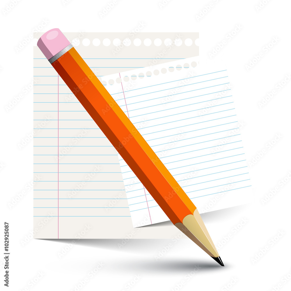 Orange Pencil and Empty Paper Notebook Sheets Isolated Objects Vector Illustration Orange Pencil and Empty Paper Notebook Sheets Isolated Objects Vector Illustration