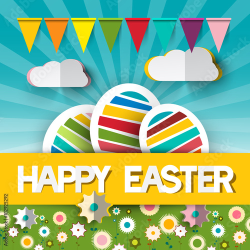 Happy Easter Vector Illustration with Paper Cut Title - Colorful Eggs - Flags and Spring Sunny Flowers on Garden
