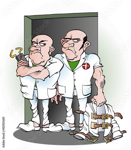 Vector cartoon illustration of two carers from the mental hospital