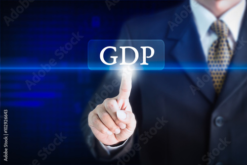 Businessman holding a white sign with the message GDP. Can be used for your advertising.