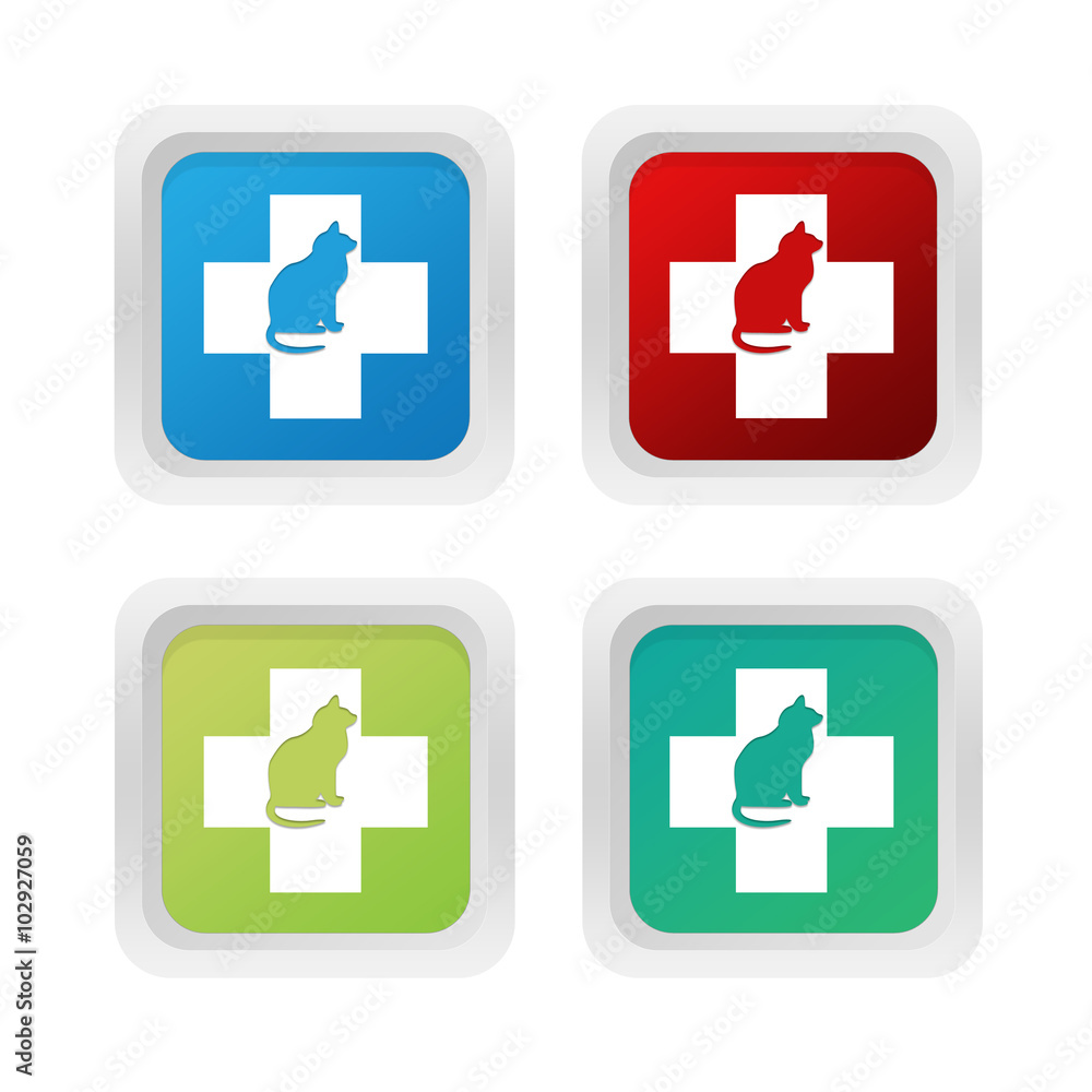 Squared colorful buttons with veterinary and cat symbol in blue, green and red colors Squared colorful buttons with veterinary and cat symbol in blue, green and red colors