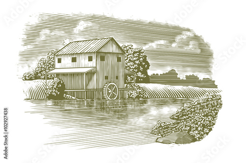 Woodcut-style illustration of a mill with a river flowing by. photo