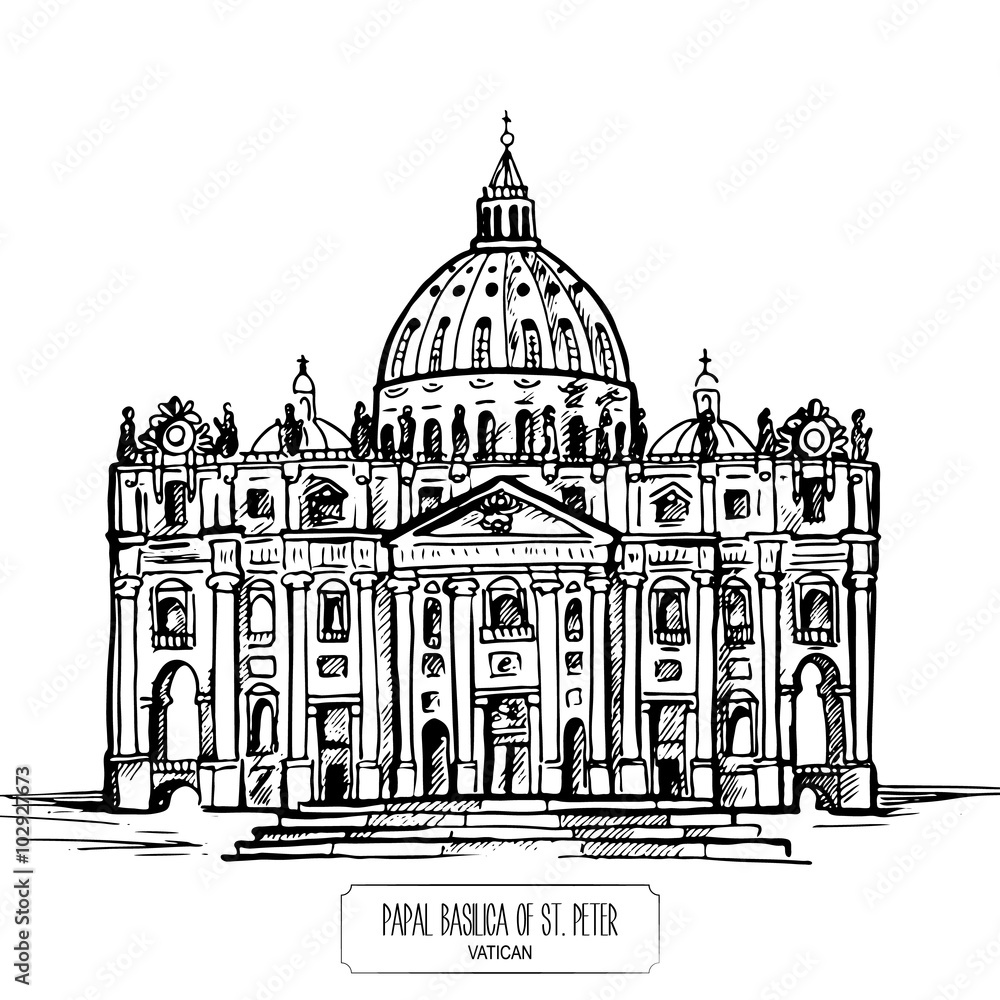 Papal Basilica of St. Peter in the Vatican. Hand drawn illustration