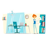 Business woman folds documents in the office. Flat vector illustration.