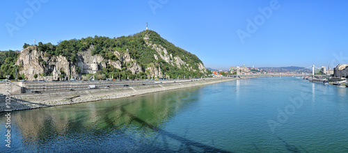 Panorama of the right bank of Danube in Budapest with Gellert Hill, Elisabeth Bridge and Buda's Castle, Hungary. View from the Liberty Bridge over Danube.