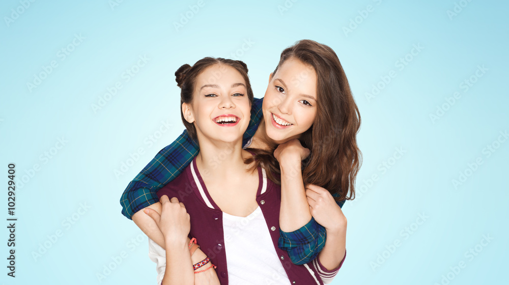 happy smiling pretty teenage girls hugging happy smiling pretty teenage girls hugging