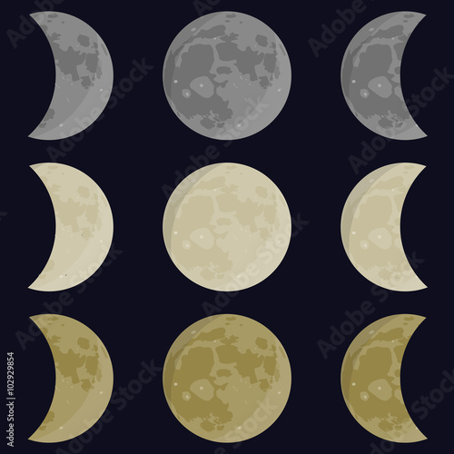 Moon. Moon phases. Moon vector. Yellow, gray, white moon. Full, half moon.