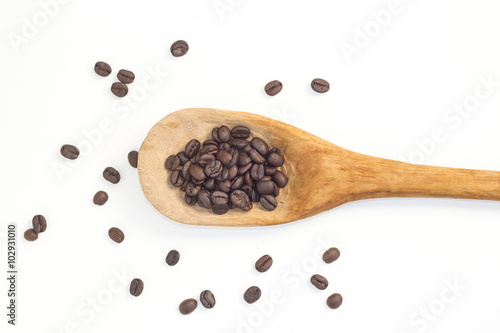 coffee beans on wood ladle