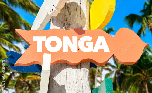 Tonga welcome sign with palm trees