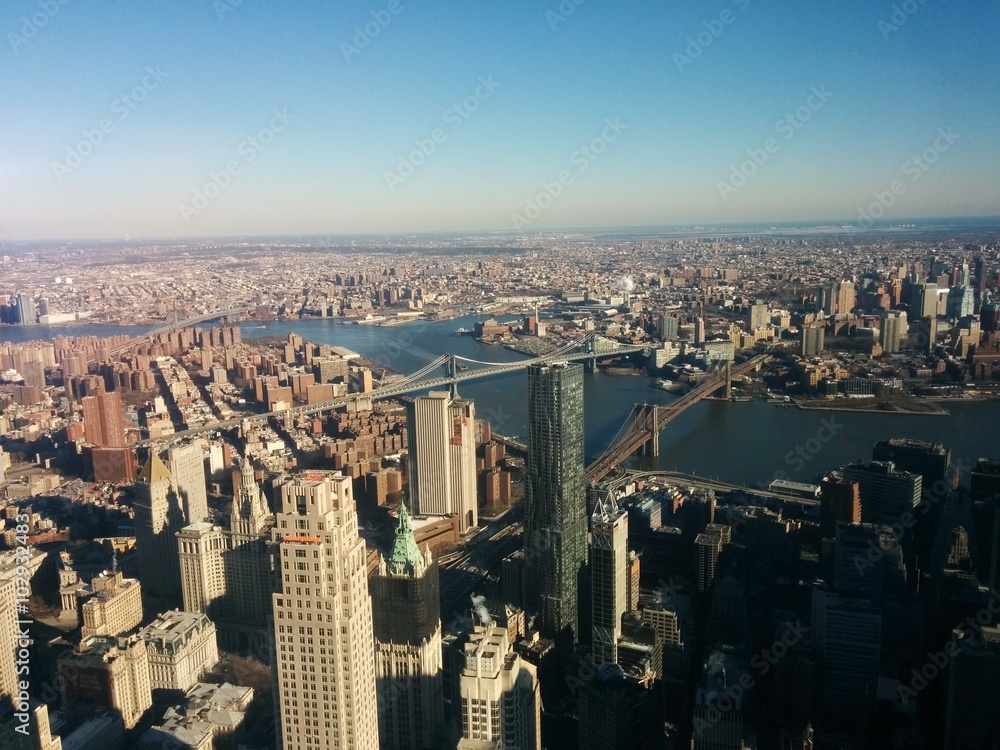 New York City, aerial view of downtown, Brooklyn Bridge and Manhattan Bridge