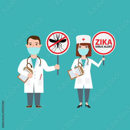 doctors man and woman holding sign with mosquito zika virus alert concept illustration
