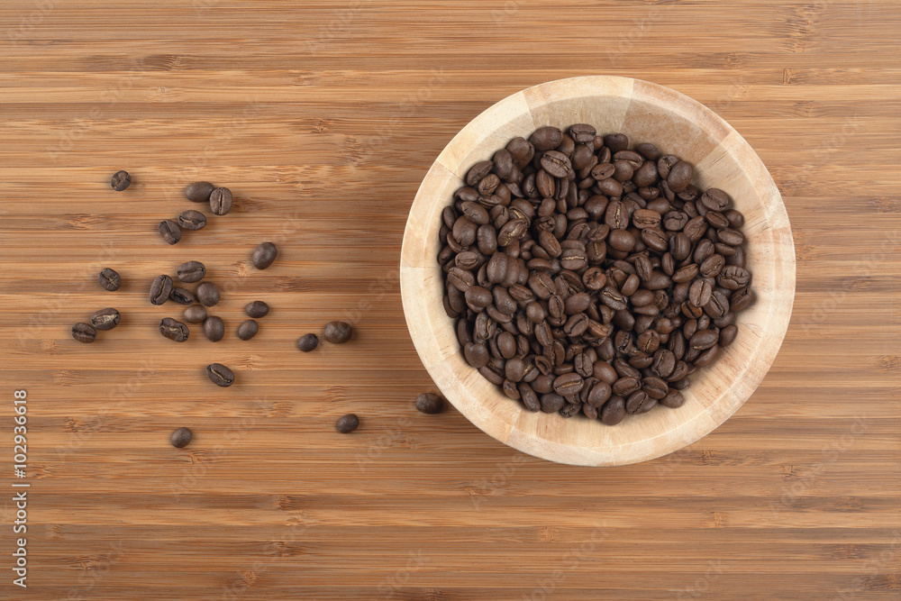 Coffee beans in bowl on wooden background Coffee beans in bowl on wooden background
