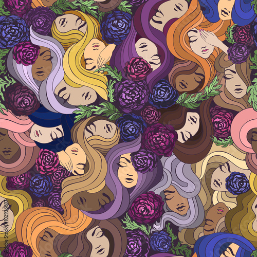 Vector seamless pattern with pretty women, flowers and hair. Amazing artistic wallpaper. Can be used for wrapping paper, textile, web page background. Endless texture.