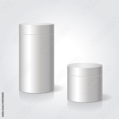 Realistic blank white package box mock up to advertise goods. Cylindrical container. 