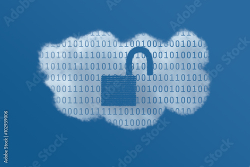 Cloud in Blue Sky with Binary Data and Unlocked Padlock