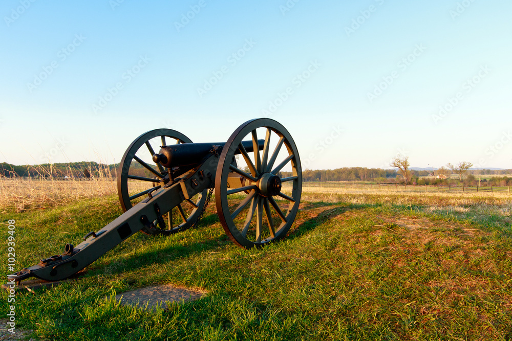 Color DSLR stock image of a civil war cannon in a field at Gettysburg, Pennsylvania battle memorial. Horizontal with copy space for text