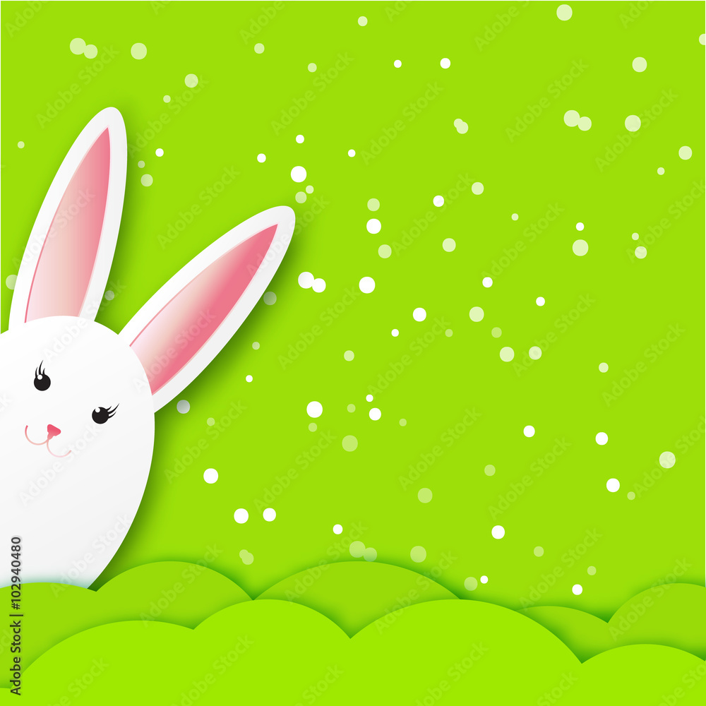 Greeting card with happy easter with white easter rabbit spring