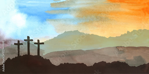 Easter scene with cross. Jesus Christ. Watercolor vector illustration  