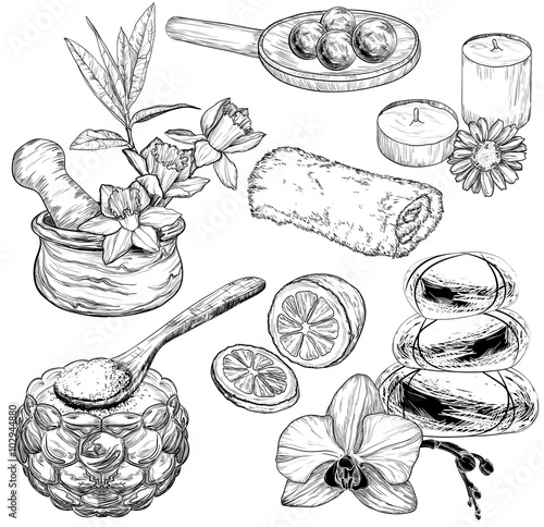 set of spa and Beauty care sketch, organic products
