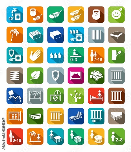 Mattresses, beds, mattress covers, colored icons with shadow. 
