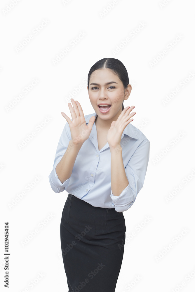 business woman show something isolated on white background, asia business woman show something isolated on white background, asia