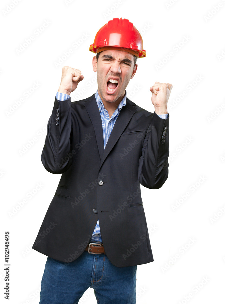 Satisfied architect with celebration gesture Satisfied architect with celebration gesture