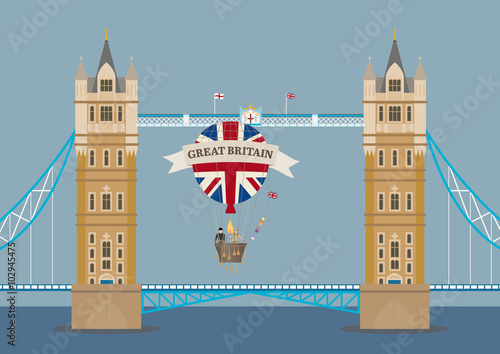 Tower Bridge in London with hot air balloon