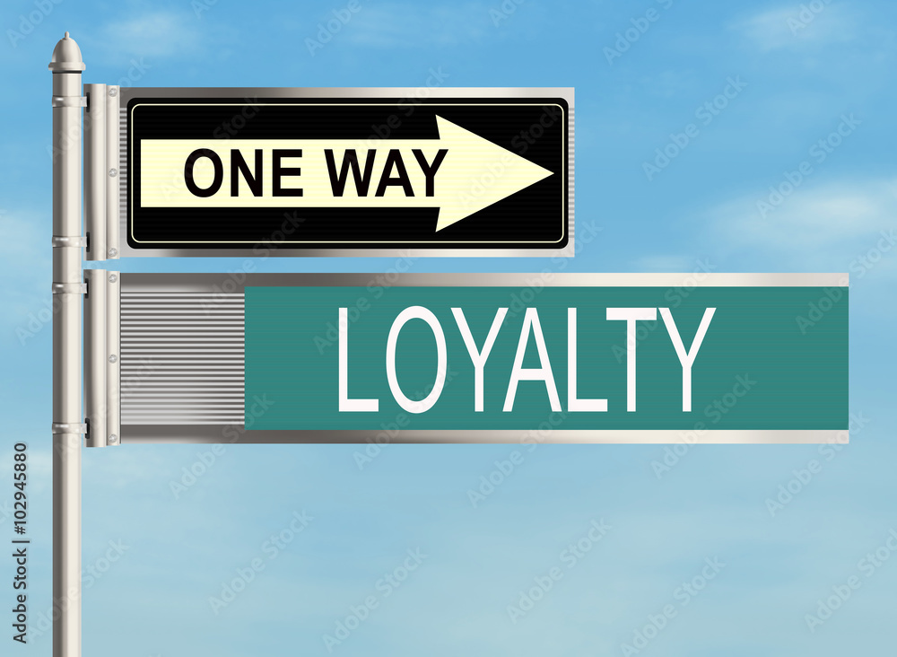Loyalty. Road sign on the sky background. Raster illustration.