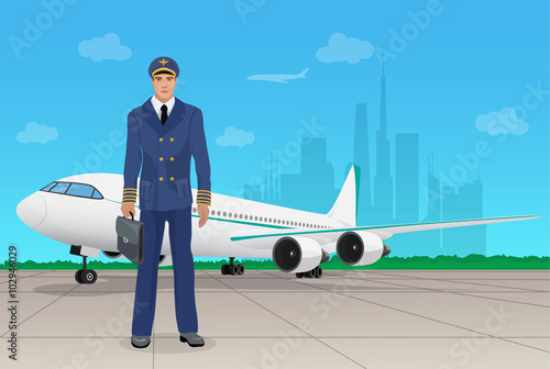 Pilot in uniform near airplane in airport. Vector illustration.