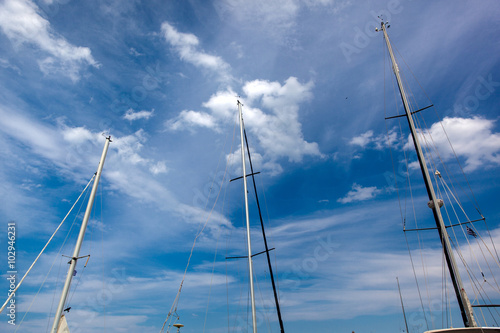 Looking up the mainmasts and blue sky