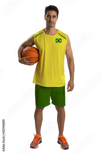 Professional Brazilian basketball player with ball.