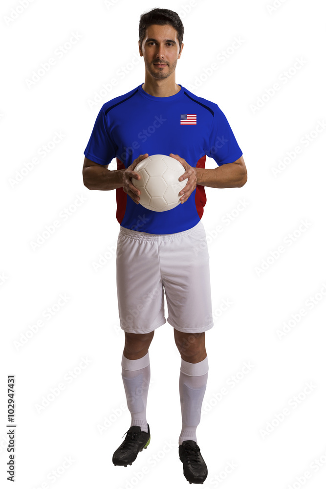 American soccer player holding ball on white background