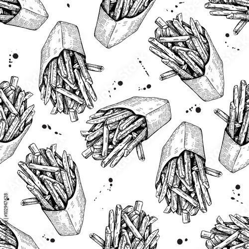 Vector seamless vintage french fries pattern. Hand drawn monochr photo