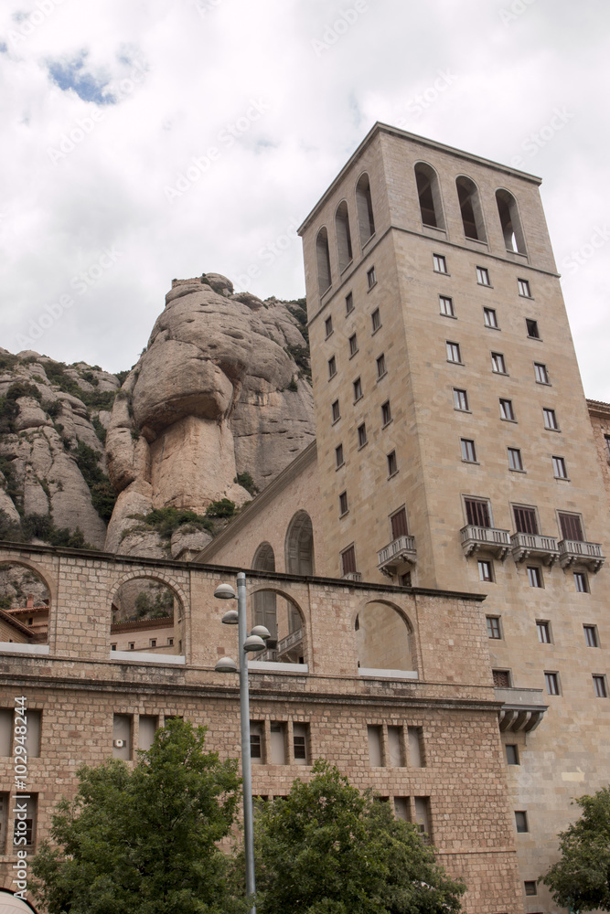 View of the famous benedictine abbey in the Montserrat mountains, located near Barcelona city, Spain.