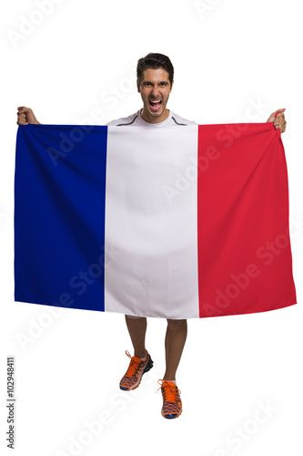 Fan holding the flag of France celebrates on white background