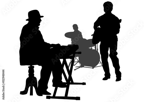 Group and singer of jazz band on white background
