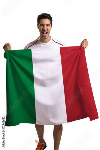 Fan holding the flag of Italy celebrates on white background