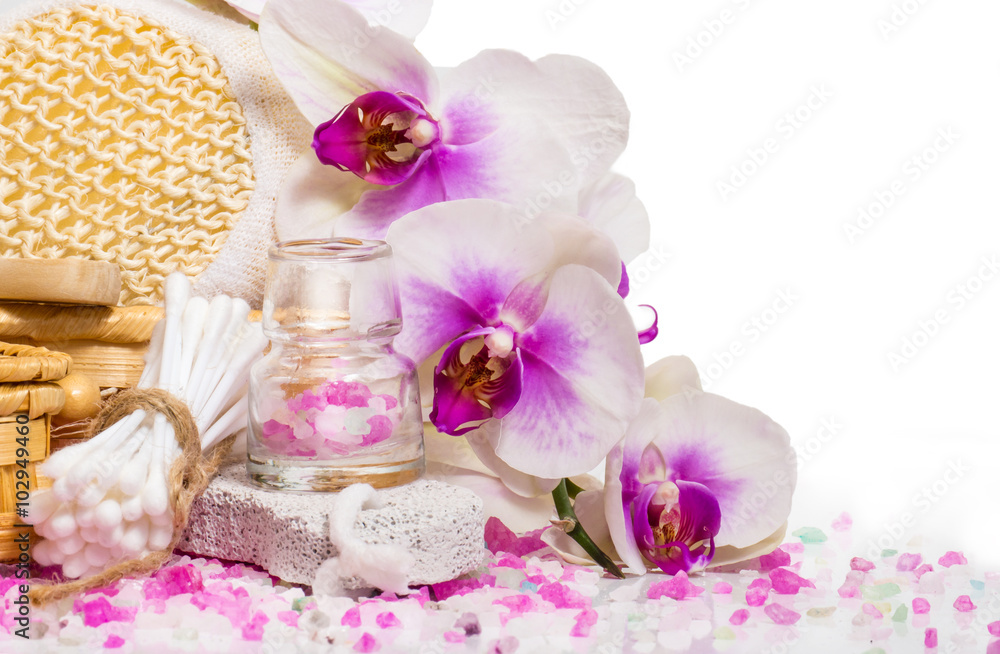 Composition with twig white orchid and accessories for of spa. Composition with twig white orchid and accessories for of spa.