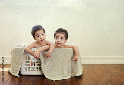 Babies In Basket / Two twin infant babies in a basket.