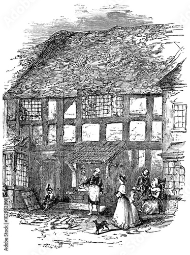An engraved vintage illustration image portrait of the birthplace house of Elizabethan playwright William Shakespeare, from a Victorian book dated 1883 that is no longer in copyright