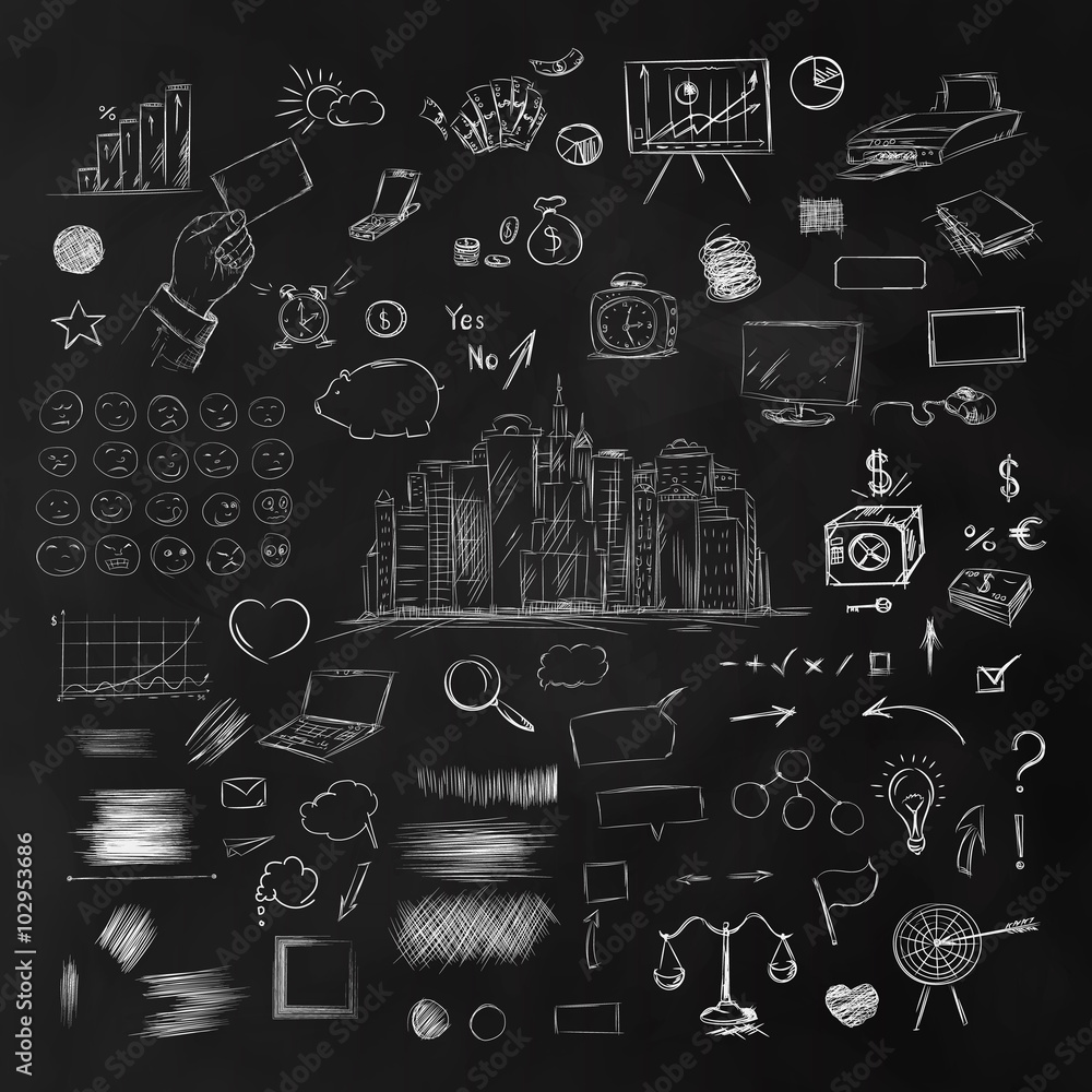 Big set of business components. Black and white sketch money Big set of business components. Black and white sketch money