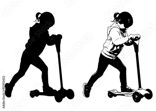 little girl riding scooter - vector
